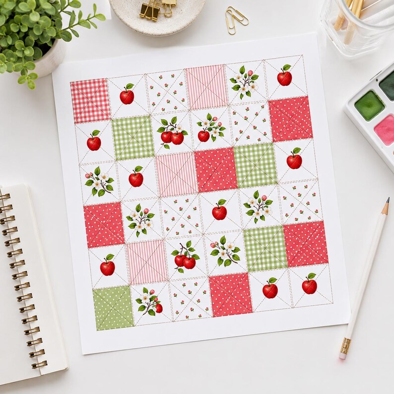 Puede incluir: Una hoja de papel cuadrada con un patr&oacute;n de cuadr&iacute;cula de cuadrados alternos. El dise&ntilde;o incluye cuadros vichy rojos y blancos, cuadros vichy verdes y blancos, lunares rojos, rayas rojas y cuadrados blancos decorados con manzanas rojas y flores.