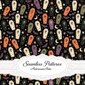 Halloween Coffin Seamless Pattern, Gothic Halloween Digital Paper, Spooky Coffin Fabric Print, Bat Moon Halloween Surface Design Halloween