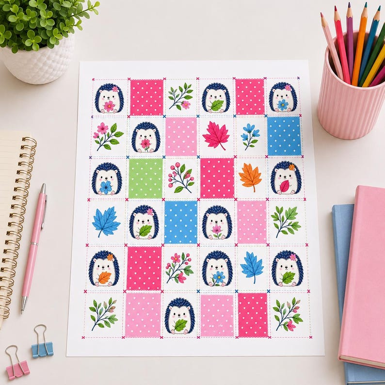 May include: A rectangular sheet of paper featuring a grid pattern of illustrations. The grid contains alternating squares of hedgehogs holding various leaves and flowers, alongside solid-coloured squares with white polka dots in pink, blue, and green.