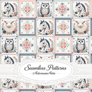 Naadloos patchworkpatroon met dieren in bosstijl, paarden, uilen en schapen, quiltstof, digitaal behang voor de kinderkamer in cottagecore-stijl, Scandinavisch volksdesign.
