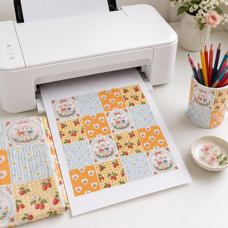 Puede incluir: Una impresora de inyecci&oacute;n de tinta blanca que expulsa una hoja de papel con un patr&oacute;n de cuadr&iacute;cula de corderos, fresas y corazones. Junto a la impresora hay una taza de cer&aacute;mica llena de l&aacute;pices de colores y un peque&ntilde;o plato con flores rosas.