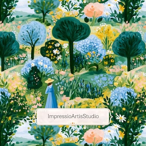 Pode incluir: Uma pintura vibrante de uma cena de jardim com um caminho serpenteando por árvores e flores coloridas. A obra apresenta uma pessoa com um vestido azul e um chapéu. O texto "ImpressioArtisStudio" é exibido em uma faixa branca na parte inferior.