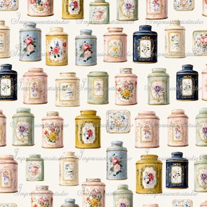 Pode incluir: Um padrão de latas de chá vintage em várias cores, incluindo rosa, azul, amarelo e verde. Cada lata é decorada com desenhos florais e molduras ornamentadas. O fundo é creme, criando uma estética antiga e charmosa.