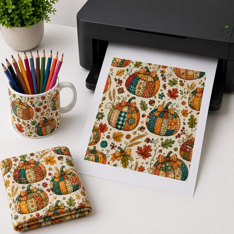 Peut inclure: Une imprimante noire &eacute;mettant une feuille de papier avec un motif de citrouilles en patchwork et de feuilles d'automne. &Agrave; c&ocirc;t&eacute; se trouve une tasse en c&eacute;ramique blanche remplie de crayons de couleur et un carr&eacute; de tissu pli&eacute; avec le m&ecirc;me motif.