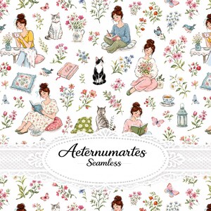 Pode incluir: Um padrão contínuo com ilustrações de pessoas com cabelo em coque, gatos, pássaros, borboletas, arranjos florais, livros e chávenas de chá num fundo branco. O texto Aeternumartes Seamless está centrado numa moldura oval de renda.