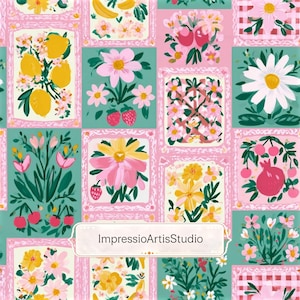 Pode incluir: Um padrão repetitivo com ilustrações florais e de frutas em molduras quadradas. O design inclui limões, morangos e margaridas em um fundo rosa e verde-azulado. O texto "ImpressioArtisStudio" está presente.