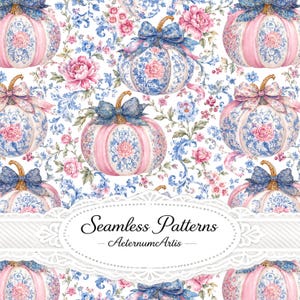 Pode incluir: Um padrão contínuo com ilustrações repetidas de abóboras decoradas com motivos florais azuis e brancos, detalhes cor-de-rosa e laços azuis, intercaladas com peónias cor-de-rosa e volutas azuis. O texto diz Seamless Patterns AeternumArtis.