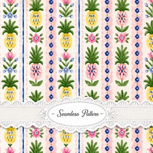 Folk Floral Pineapple Seamless Pattern JPG | Scandinavian Cottagecore Fabric Print | 3600x3600 300 DPI Digital Paper