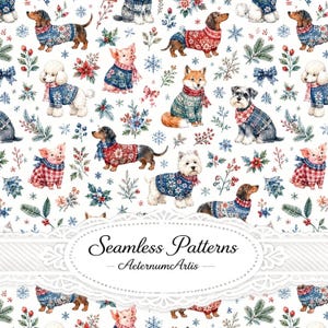 May include: A seamless pattern featuring watercolor illustrations of dachshunds, poodles, schnauzers, and piglets wearing festive winter sweaters and scarves, interspersed with snowflakes, holly, and pine branches. Text reads Seamless Patterns AeternumArlis.