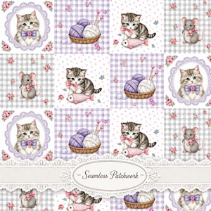 May include: A seamless patchwork pattern featuring repeating squares of kittens with purple bows, baskets of yarn with knitting needles, kittens playing with pink fish, and mice with pink bows, all accented by small pink roses and gingham backgrounds.