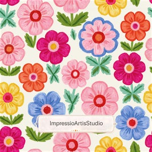 May include: A repeating pattern of colorful flowers in shades of pink, orange, yellow, and blue, with green leaves, on a cream background. The flowers have a hand-painted look. The text "ImpressioArtisStudio" is in a white banner.