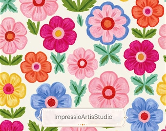 Bright Floral Seamless Pattern | Pink Blue Yellow Flower Repeat Print | Cottagecore Surface Pattern Design | Fabric Print Digital Paper