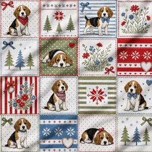 Beagle Patchwork Seamless Pattern, Christmas Puppy Quilt Design, Holiday Dog Fabric Print, Cozy Cottage Digital Paper image 2