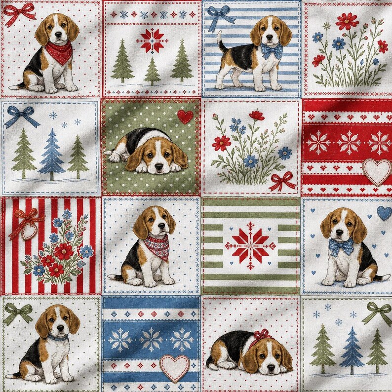 Beagle Patchwork Seamless Pattern, Christmas Puppy Quilt Design, Holiday Dog Fabric Print, Cozy Cottage Digital Paper image 2