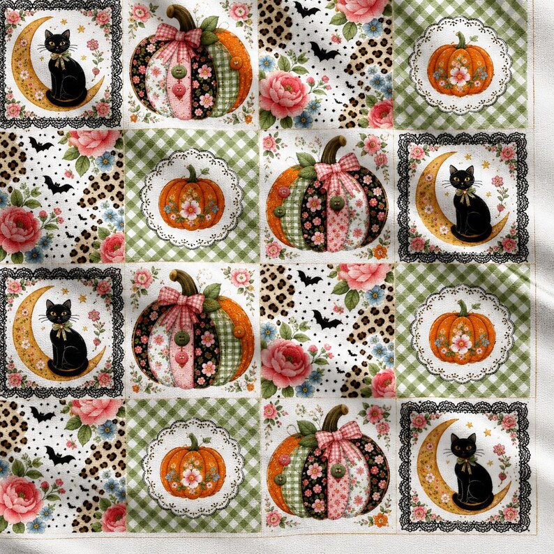 Patrón sin costuras de Halloween, papel digital de patchwork con calabaza y gato negro, estampado floral de murciélagos para edredón, papel tapiz de tela JPG 300 DPI imagen 2