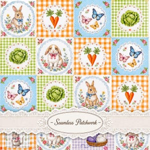 May include: A fabric pattern featuring a grid of squares with gingham backgrounds in orange, blue, and green. Each square contains a circular frame with illustrations of rabbits, carrots, cabbage, or butterflies, and a banner reading Seamless Patchwork.
