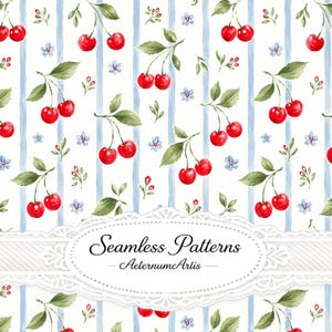Pode incluir: Um padrão contínuo com cerejas vermelho-brilhantes, folhas verdes e pequenas flores azuis sobre um fundo branco com riscas verticais azul-claras. Uma etiqueta decorativa branca no centro apresenta o texto Seamless Patterns AeternumArtis.