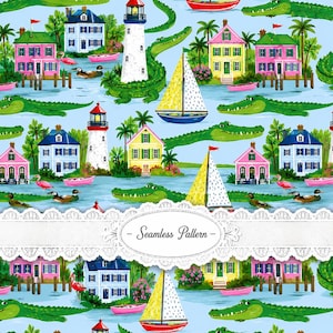 May include: A seamless pattern featuring a light blue background with illustrations of green crocodiles, white lighthouses, yellow and pink houses, sailboats, pink flamingos, and ducks. A white lace-edged label with the text Seamless Pattern is centered.