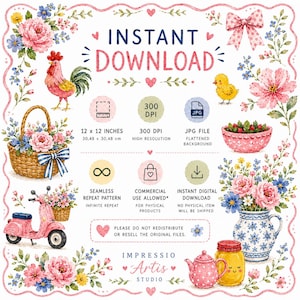 Peut inclure: Une feuille d'art num&eacute;rique avec des illustrations &agrave; l'aquarelle d'un coq rose, d'un poussin jaune, d'un panier en osier fleuri, d'un scooter rose, d'un pichet floral et d'une th&eacute;i&egrave;re. Le texte indique INSTANT DOWNLOAD, 30,48 x 30,48 cm et JPG FILE.
