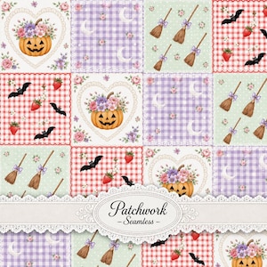May include: A seamless digital pattern featuring a grid of squares with illustrations of jack-o'-lanterns with flowers, purple gingham with moons, brooms with bows, and red gingham with bats and strawberries. A white lace banner reads Patchwork - Seamless.