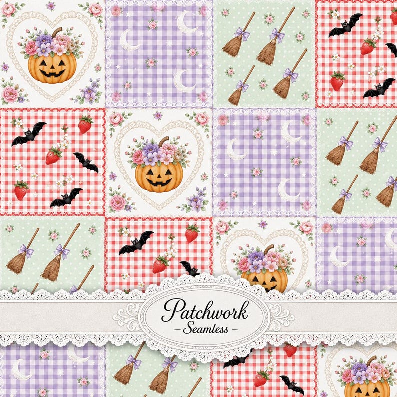 Op de afbeelding: Een naadloos digitaal patroon met een raster van vierkanten met illustraties van pompoenen met bloemen, paars gingham met manen, bezems met strikken en rood gingham met vleermuizen en aardbeien. Een witte kanten banner bevat de tekst Patchwork - Seamless.