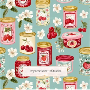 Puede incluir: Patrón repetitivo de tarros de estilo vintage llenos de cerezas y fresas, sobre un fondo azul claro. Los tarros tienen tapas doradas y están decorados con diseños florales y frutales. Flores blancas salpican el diseño.