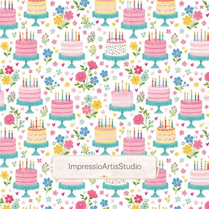 Patrón sin costuras de pastel de cumpleaños, diseño floral para tela de celebración, patrón repetitivo de acuarela caprichosa, papel digital