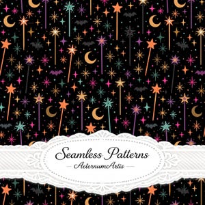 Pode incluir: Um padrão contínuo com fundo preto e ilustrações coloridas de varinhas, luas crescentes, pequenos morcegos e várias formas de estrelas em tons de laranja, rosa, roxo e turquesa. Uma etiqueta branca decorativa exibe o texto Seamless Patterns AeternumArtis.