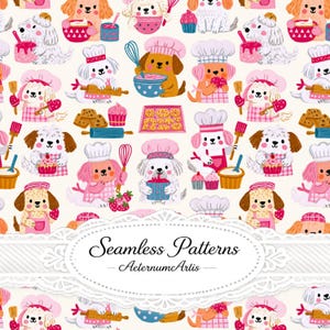 Puede incluir: Un patrón repetitivo con perros de dibujos animados con gorros de chef y delantales, realizando actividades de repostería como mezclar, amasar y decorar cupcakes. El diseño incluye utensilios, galletas y fresas sobre fondo crema. Texto: Seamless Patterns AeternumArtis.