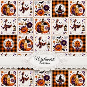 May include: A seamless fabric pattern featuring a grid of Halloween motifs including ghosts with lanterns, floral arrangements, pumpkins with patchwork designs, and witch hats on orange and black plaid, with a central banner reading Patchwork - Seamless.
