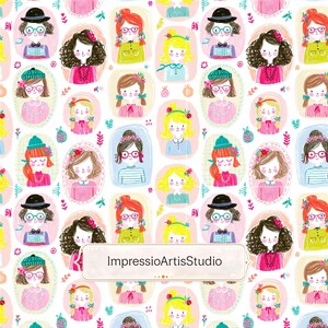 Pode incluir: Um padrão repetitivo sobre fundo branco apresentando vários retratos ilustrados de pessoas com diversas cores de cabelo, estilos e acessórios, incluindo chapéus e óculos, intercalados com pequenos motivos florais e o texto ImpressioArtisStudio.