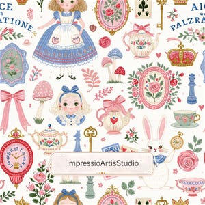 Pode incluir: Um padrão caprichoso com ilustrações de Alice no País das Maravilhas. O design inclui Alice, um coelho branco, xícaras de chá, bules, rosas, cogumelos, cartas de baralho e um relógio, tudo em cores pastel suaves.