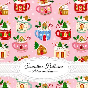 Pode incluir: Um padrão repetitivo num fundo rosa claro com canecas coloridas cheias de chantilly, casas de gengibre, bengalas doces e pequenas árvores de Natal. Uma moldura oval de renda branca no centro exibe o texto Seamless Patterns AeternumArtis.