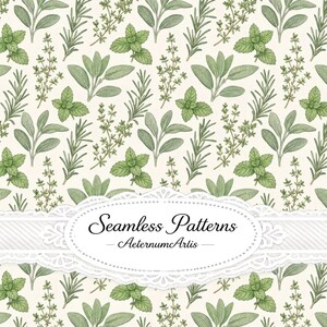 Pode incluir: Um padrão contínuo com ilustrações desenhadas à mão de ervas verdes, incluindo sálvia, alecrim e hortelã num fundo creme. Uma etiqueta oval branca com uma borda de renda exibe o texto Seamless Patterns AeternumArtis.