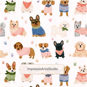 Pode incluir: Um padrão repetitivo de várias raças de cães, cada um usando suéteres e bandanas em uma variedade de cores. Os cães estão em um fundo branco com pegadas espalhadas. O texto "ImpressioArtisStudio" é exibido.