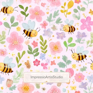 Pode incluir: Um padrão caprichoso com abelhas de desenho animado, flores rosa e roxas e folhas verdes em um fundo rosa claro. O design inclui o texto "ImpressioArtisStudio" em uma moldura retangular. O tema geral é primavera e natureza.