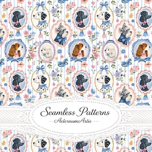 Puede incluir: Un patrón continuo con ilustraciones en acuarela de varias razas de perros en marcos ovalados ornamentados, intercaladas con pequeñas ramas florales y rayas verticales azules. El texto Seamless Patterns AeternumArlis está centrado en un marco de encaje blanco.