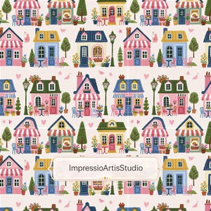Puede incluir: Un patrón repetitivo de casas coloridas, farolas y árboles sobre un fondo claro. Las casas presentan fachadas rosas, azules y amarillas con toldos a rayas, puertas y ventanas. El texto ImpressioArtisStudio está centrado en la imagen.