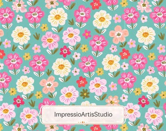 Whimsical Floral Seamless Pattern, Pink Flower Fabric Print, Cottagecore Floral Wallpaper, Cute Folk Art Pattern, Spring Garden Surface