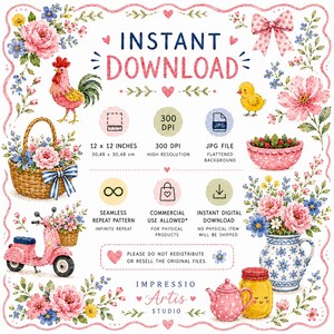 May include: A digital graphic featuring watercolor illustrations of a rooster, a chick, a pink scooter, a flower basket, and floral arrangements. Text includes INSTANT DOWNLOAD, 12 x 12 INCHES, 300 DPI, JPG FILE, SEAMLESS REPEAT PATTERN, and COMMERCIAL USE ALLOWED.