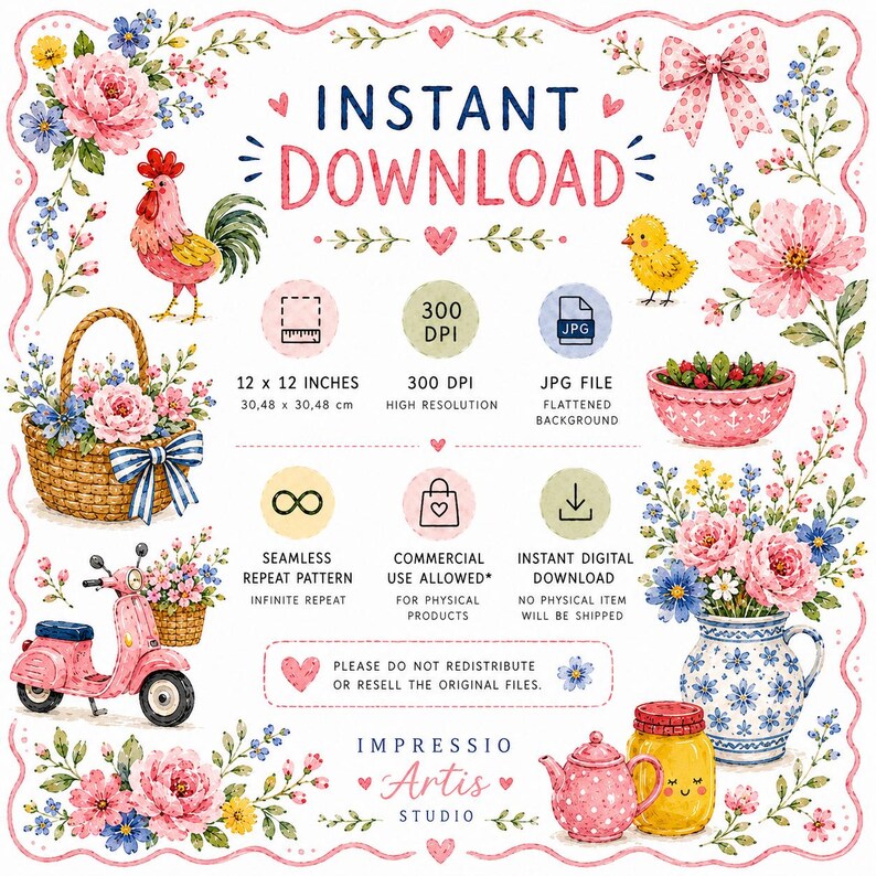 May include: A digital graphic featuring watercolor illustrations of a rooster, a chick, a pink scooter, a flower basket, and floral arrangements. Text includes INSTANT DOWNLOAD, 12 x 12 INCHES, 300 DPI, JPG FILE, SEAMLESS REPEAT PATTERN, and COMMERCIAL USE ALLOWED.