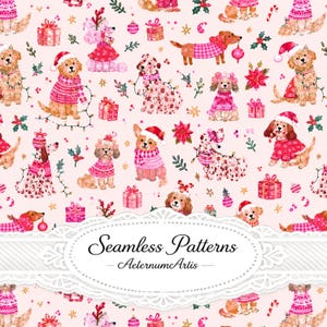 Pode incluir: Um padrão contínuo com ilustrações em aguarela de várias raças de cães a usar camisolas de inverno vermelhas e cor-de-rosa e gorros de Pai Natal, intercaladas com presentes de Natal, ornamentos, azevinho e estrelas num fundo rosa claro.