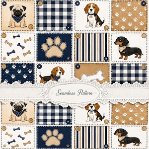 May include: A seamless pattern featuring a grid of square patches with illustrations of pugs, beagles, and dachshunds, alongside paw prints, bones, and plaid or striped fabric textures. A white lace banner with the text Seamless Pattern overlays.