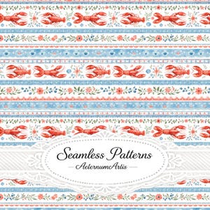 Pode incluir: Um padrão contínuo com filas horizontais de lagostas vermelhas alternadas com vinhas florais e bordas decorativas azul-claras. Uma etiqueta branca recortada no centro exibe o texto Seamless Patterns e AeternumArtis em letra preta.