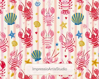 Pink Coastal Lobster Seamless Pattern, Nautical Watercolor Digital Paper, Beach House Fabric Print, Preppy Coastal Wallpaper Design