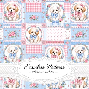 Puede incluir: Un patrón de tela repetitivo con ilustraciones de cachorros blancos con lazos azules o rosas, rodeados de coronas florales, cuadros vichy rosas y rayas azules. El texto Seamless Patterns AeternumArtis está centrado en un marco de encaje blanco.