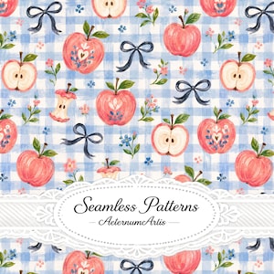 May include: A seamless pattern featuring pink apples, apple slices, and apple cores interspersed with dark blue bows and small blue flowers on a light blue and white checkered background. The text Seamless Patterns AeternumArtis is centered.