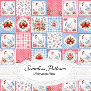 Sömlöst lapptäcke med kyckling och jordgubb JPG | Digitalt papper med blommigt lapptäcke i lantlig stil | Cottagecore Hen Tygdesign