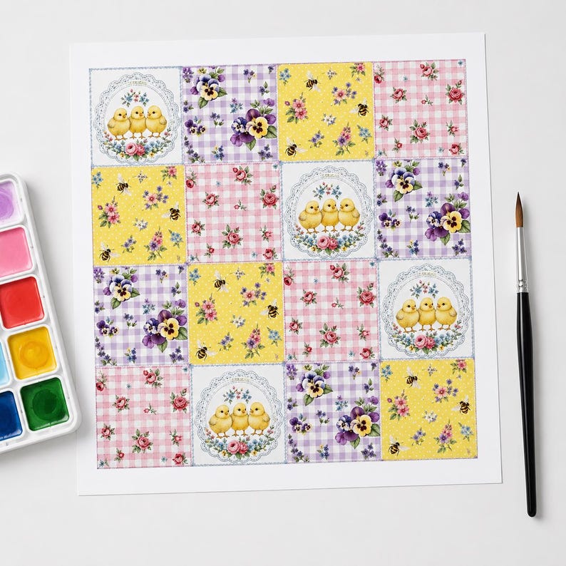 May include: A square sheet of paper featuring a grid of sixteen decorative patterns, including illustrations of yellow chicks, purple pansies, pink gingham with roses, and yellow backgrounds with bees, accompanied by a watercolour set and a paintbrush.