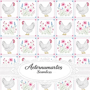 Op de afbeelding: Een naadloos patroon met een herhalend raster van witte kippen met zwarte stippen en trossen roze en blauwe wilde bloemen. De vierkanten zijn omlijnd met gestippelde blauwe en roze lijnen. De tekst Aeternumartes Seamless staat in het midden.